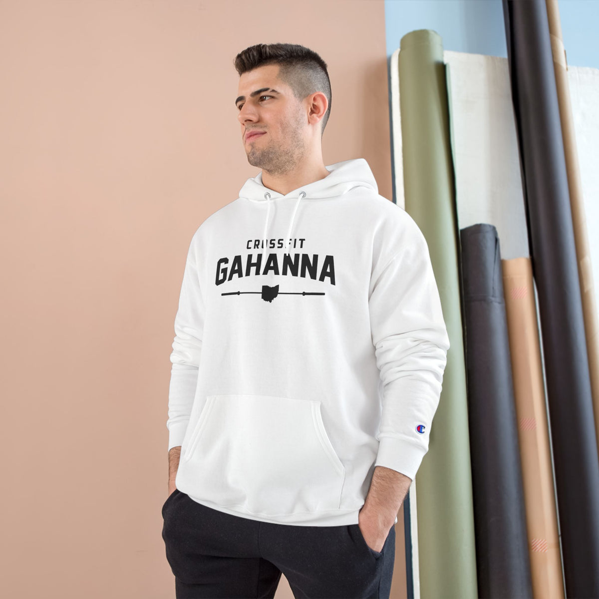CrossFit Gahanna Champion Hoodie — White Gym Pullover with Ohio Logo