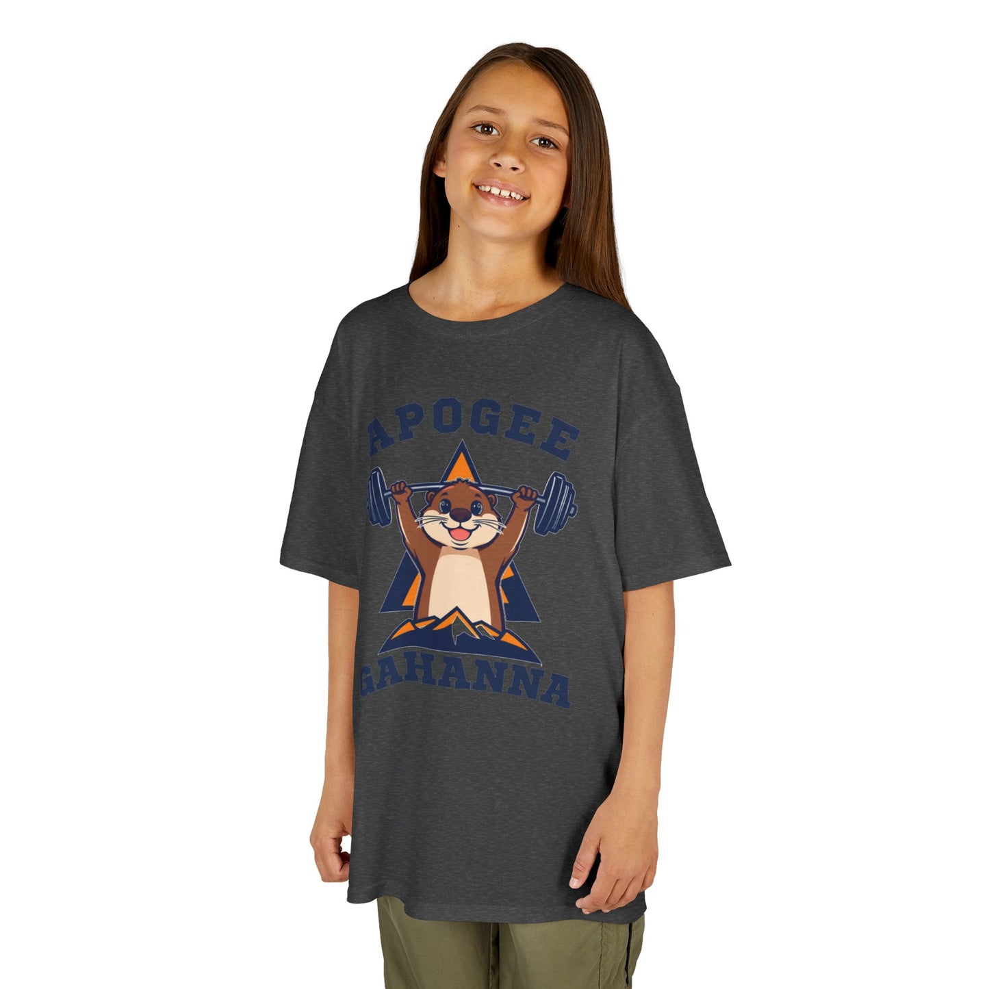 Kids Tee — Apogee Gahanna Weightlifting Mascot (Cute Otter Barbell)