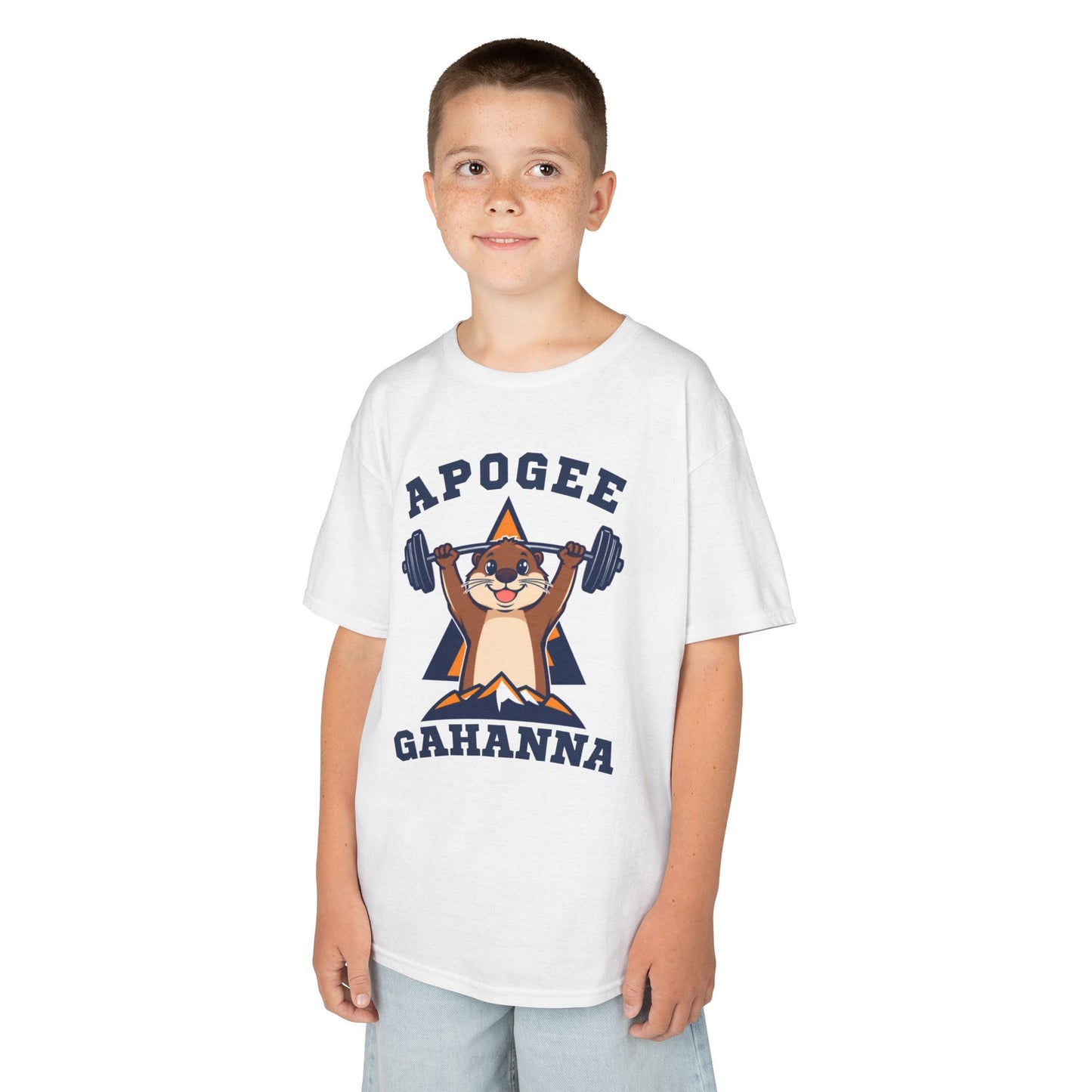 Kids Tee — Apogee Gahanna Weightlifting Mascot (Cute Otter Barbell)