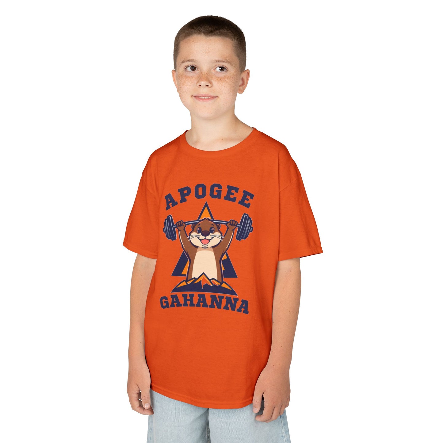 Kids Tee — Apogee Gahanna Weightlifting Mascot (Cute Otter Barbell)