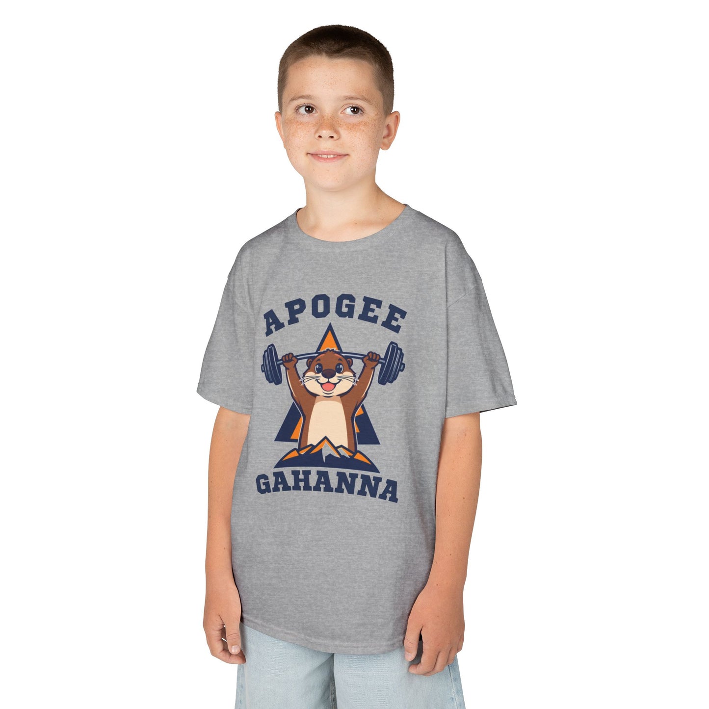 Kids Tee — Apogee Gahanna Weightlifting Mascot (Cute Otter Barbell)