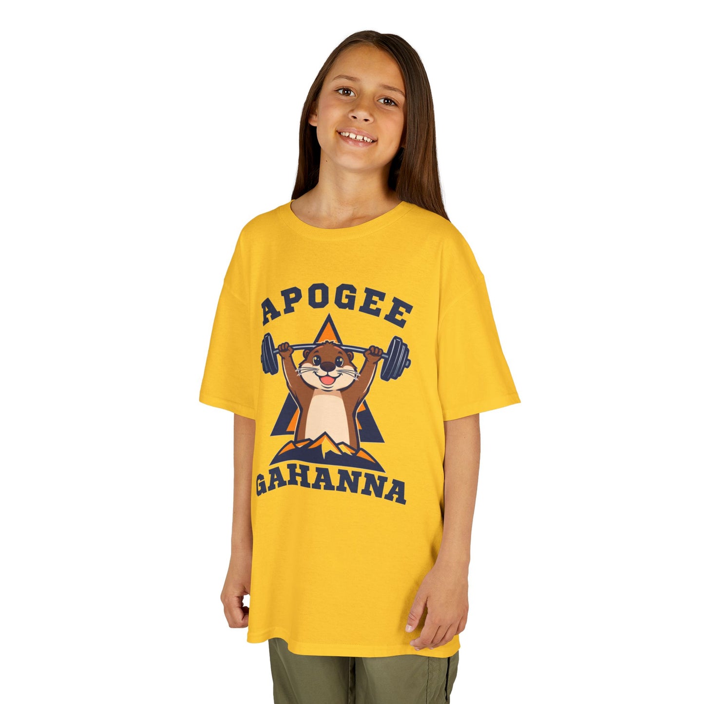 Kids Tee — Apogee Gahanna Weightlifting Mascot (Cute Otter Barbell)