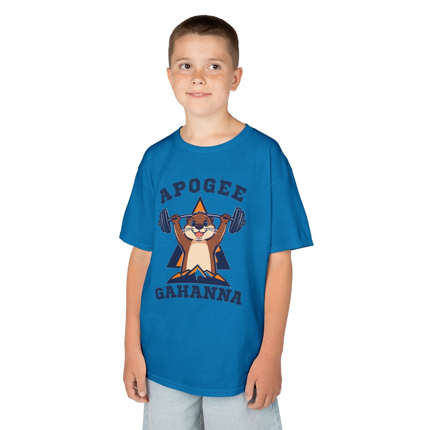 Kids Tee — Apogee Gahanna Weightlifting Mascot (Cute Otter Barbell)